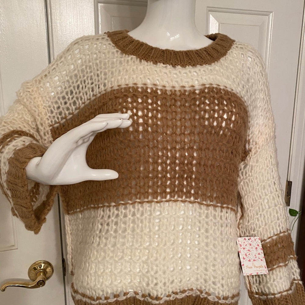 Free People Cream and Brown Monaco Knit Sweater NWT size XS